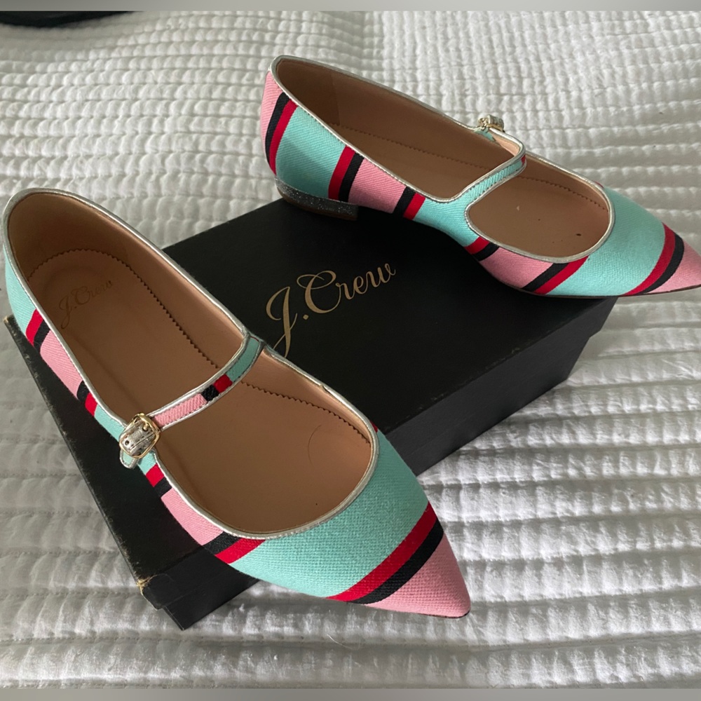 J.Crew pointy toe stripe maryjane flats , glitter heel, Size 7 +Box WORN ONCE.